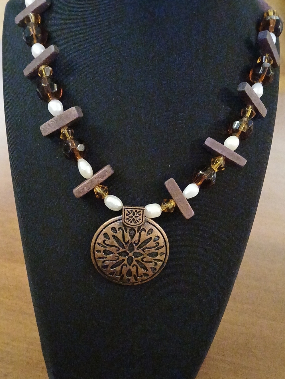 Handcrafted Brown and Gold Medallion Pendant 20" Necklace